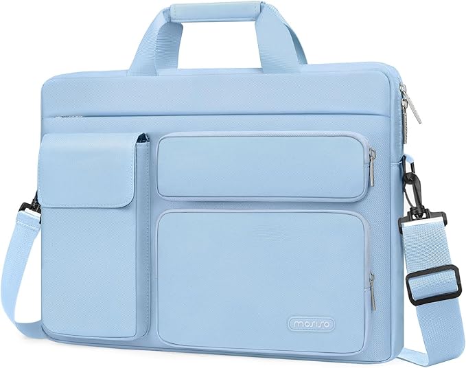 MOSISO Laptop Shoulder Bag 15.6 inch, 15-15.6 inch Computer Bag Compatible with MacBook Pro 16 inch, HP, Dell, Lenovo, Notebook with 2 Raised&1 Flapover&1 Horizontal Pocket&Handle&Belt, Airy Blue