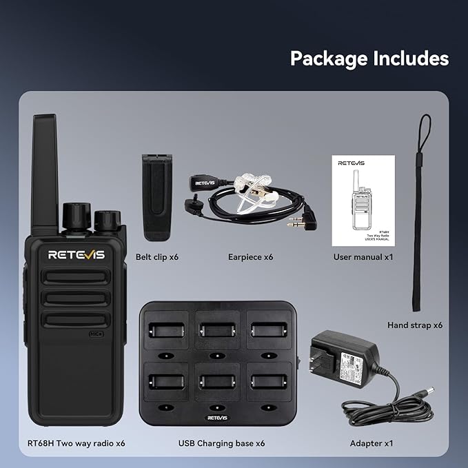 Retevis RT68H Walkie Talkies for Adults Long Range,Portable FRS Two-Way Radios Rechargeable,Intuitive,Channel Power Display, with 6 Way Multi Charger,Hands Free Walkie Talkies with Earpiece (6 Pack)