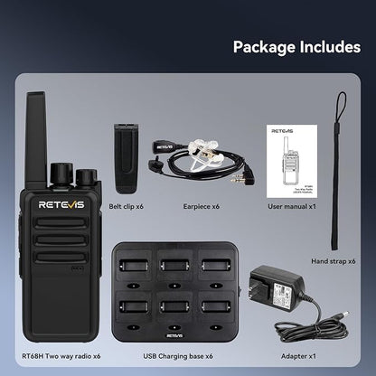 Retevis RT68H Walkie Talkies for Adults Long Range,Portable FRS Two-Way Radios Rechargeable,Intuitive,Channel Power Display, with 6 Way Multi Charger,Hands Free Walkie Talkies with Earpiece (6 Pack)