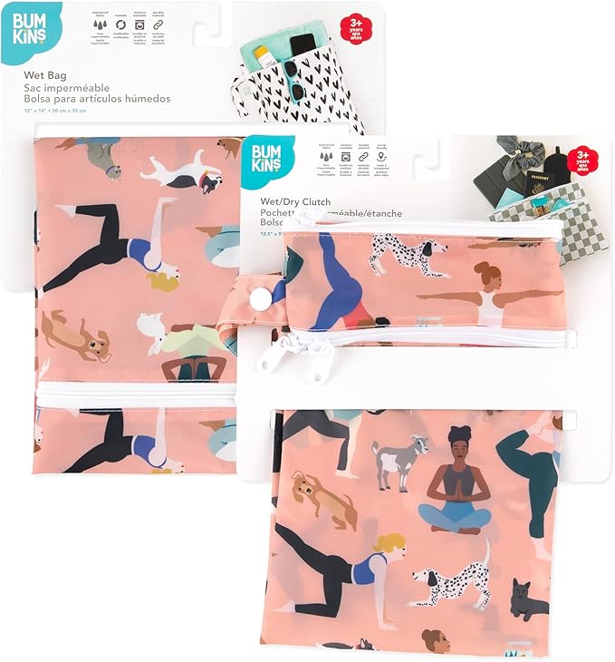 Bumkins - Waterproof Wet Bag & Wet/Dry Clutch Bags - For Beach, Baby, Travel, Swim Suit, Cloth Diapers, Pump Parts, Pool, Gym, Toiletries - Reusable & Easy to Clean - Yoga Pals - 2 Pack