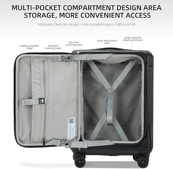 Premium Carry On Luggage, 20 Inch Top Opening Aluminum Frame Lightweight Airline Approved ABS+PC Hard Shell Suitcases with Silent Wheels, TSA Lock, Front Pocket and Wet-dry Separated Six-piece Set