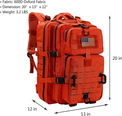 MOLLE Assault Backpack, Tactical Backpack Military Army Camping Rucksack, 3-Day Pack Trip w/USA Flag Patch, D-Rings, Orange