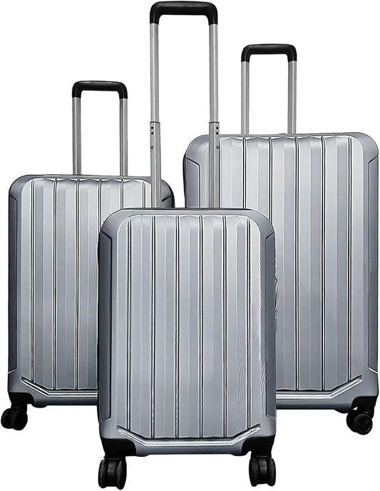 GYMAX Luggage Sets 3 Pieces Hardside Suitcase with Spinner Wheels & Lock, 20” Carry On, 24” & 28” Checked Luggage Set, Lightweight Portable for Travel, Business (Grey,Vertical Stripe)