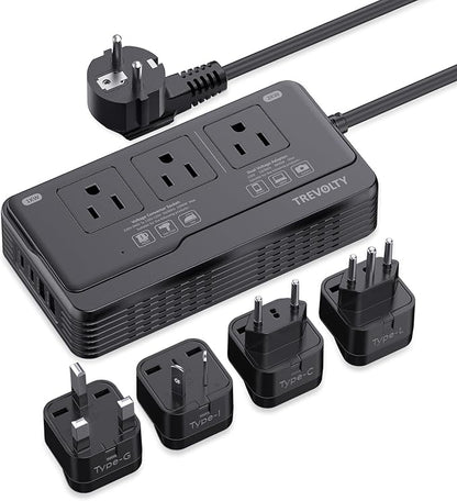 2000W Voltage Converter for Hair Dryers PC Phone Kettle, 220V to 110V Converter US to Europe, 7 in 1, 3 AC/2 USB/2 Type-C Ports, Power Converter Adapter EU/UK/IT/AU Plugs (Black)