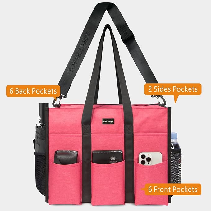 TOPDesign Utility Water Resistant Tote Bag with 22 Pockets, Top Zipper Closure & Thick Bottom Support, for Working Women