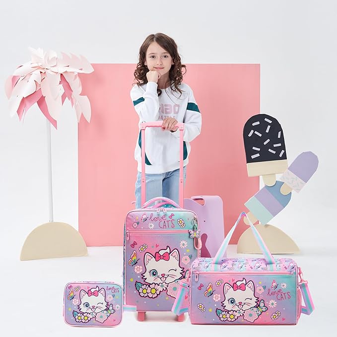 Kids Luggage Set with Wheels Girls Cute Cat Travel Softside Suitcases 16" Carry on Suitcase with Duffle Bag Girls Luggage Sets Airline Approved