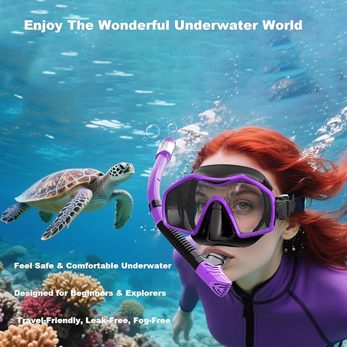 Snorkeling Gear for Adults,Dry-Top Snorkel Mask Set with Tempered Glass,Anti-Fog & Anti-Leak Panoramic Swim Mask,Adjustable Snorkel Kit with Carry Bag for Scuba Diving,Swimming,Travel