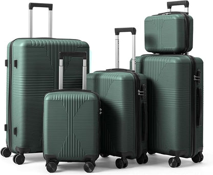 Karl home Luggage Sets 5 Piece, PP Hard Case Suitcase Set with Built-in Lock Spinner Wheels, Lightweight Durable Carry on Luggage for Business Travel - Dark Green (12/16/20/24/28")