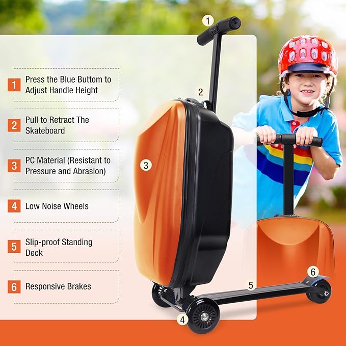Apelila 20" Scooter Suitcase for Kids, 2-in-1 Ride On Luggage with Wheels for Boys & Girls Ages 4-15, Foldable Hardshell Carry On Lightweight Travel Suitcase for Airplane (Orange)