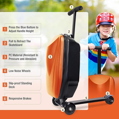 Apelila 20" Scooter Suitcase for Kids, 2-in-1 Ride On Luggage with Wheels for Boys & Girls Ages 4-15, Foldable Hardshell Carry On Lightweight Travel Suitcase for Airplane (Orange)