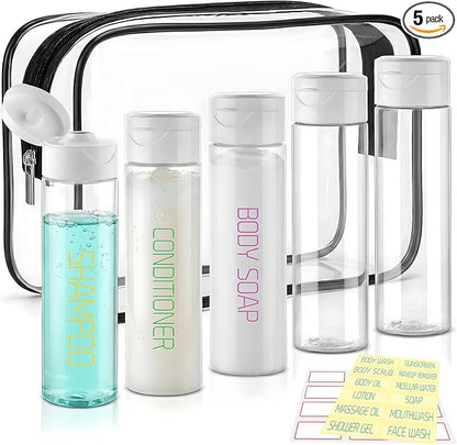 Cosywell Travel Bottles for Toiletries 5 Pack 3.4oz Pre-Printed Travel Size Containers TSA Approved Toiletry Bottles Wide Mouth Leak Proof Squeeze Bottle for Lotion Toothpaste(Clear)
