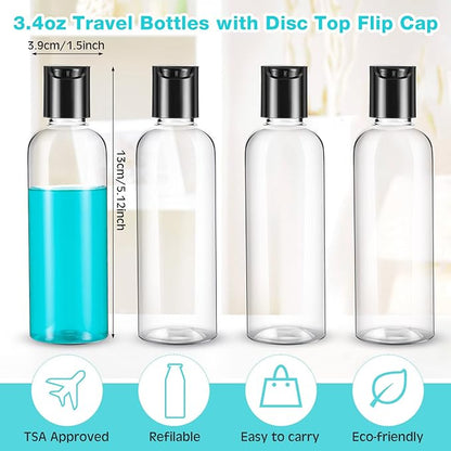 Roshtia 100 Pcs 3.4 oz Travel Bottles for Toiletries Clear Plastic Travel Size Containers Leak Proof Empty Refillable Liquid Containers Squeezable for Lotion Face Cream Shampoo Essential Oil (Black)