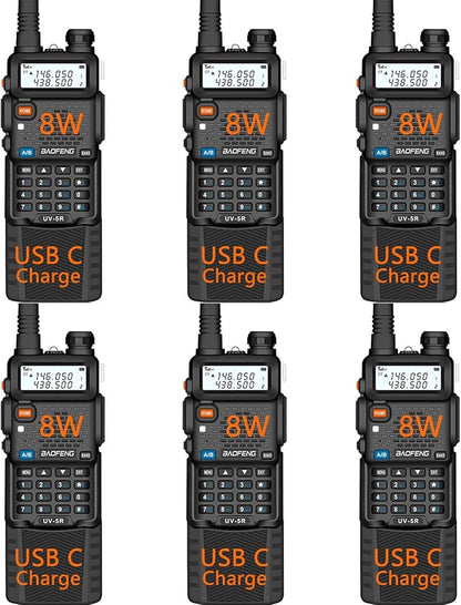 Baofeng UV-5R Dual Band Two Way Radio Handheld Ham Radio Long Range Walkie Talkies Pack of 6 for Hiking Camping Hunting Skiing Trip(Black) with 8W 3800mAh USB-C Charge Battery