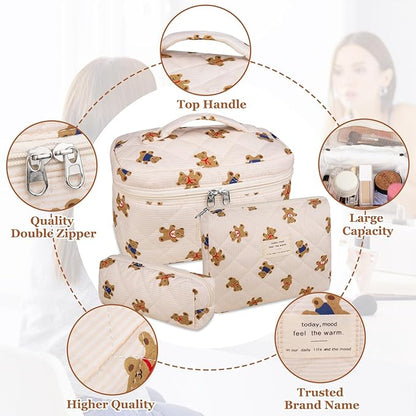 3PC Makeup Bag Set, Quilted Makeup Bag, Large Floral Cosmetic Bag for Women, Cute Cotton Makeup Bags, Flower Travel Toiletry Organizer Bag (Bear)