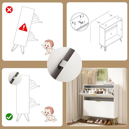 Shoe Storage Cabinet with 2 Flip Drawers, Fluted White Shoe Cabinet Storage for Entryway Slim, Narrow Shoe Organizer Cabinet, Modern Freestanding Shoe Rack for Entryway, White