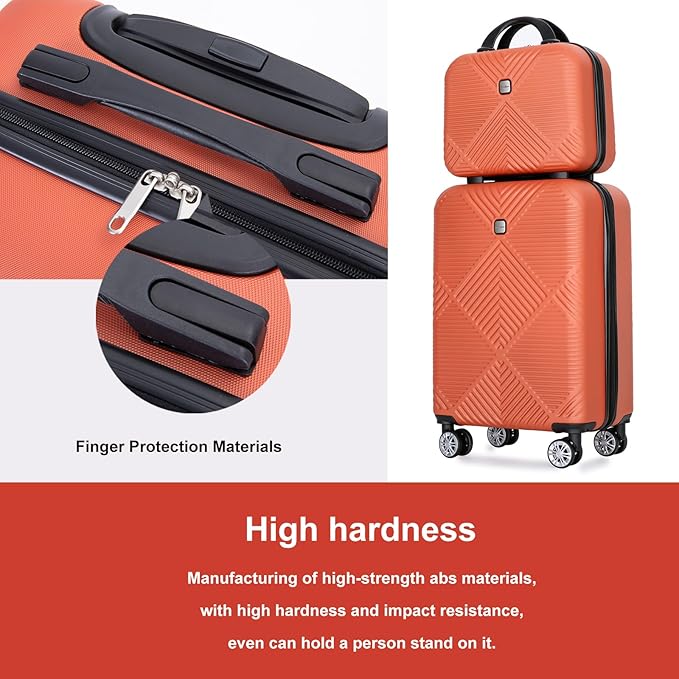Luggage 4 Piece Set, Hardshell ABS Suitcase Set with Double Spinner Wheels, Lightweight Durable Luggage set, Carry On and Checked Travel Large Luggage, Orange