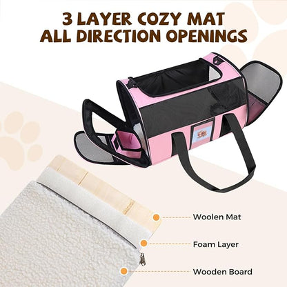 Cat Carrier Soft for Pets Up to 25 Lbs, Cat Travel Bag with Padded Shoulder Strap and Detachable Cat Food Bowl, Pet Dog Carriers for Small Dogs Travel Puppy Carry Airline Approved, Pink