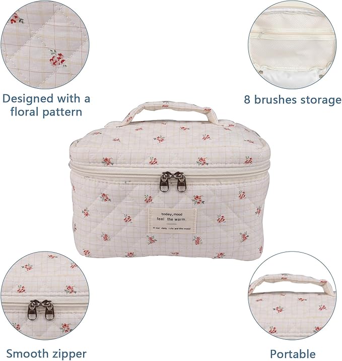 Large Travel Quilted Makeup Bag for Women,Big Floral Cotton Cosmetic Bag, Cute Coquette Aesthetic Floral Toiletry Organizer Bag (Plaid-Flower)