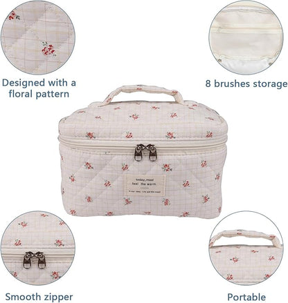 Large Travel Quilted Makeup Bag for Women,Big Floral Cotton Cosmetic Bag, Cute Coquette Aesthetic Floral Toiletry Organizer Bag (Plaid-Flower)
