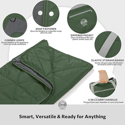 STOVER Large Waterproof Outdoor Stadium Blanket- Extra Thick Soft Fleece Camping Blanket for Travel, Picnics, Sports, Dogs 79"x55", Warm, Windproof, Sand-Proof, Lightweight, Packable (Game Day Green)
