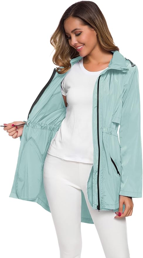 Avoogue Women's Long Raincoat with Hood Outdoor Lightweight Windbreaker Rain Jacket Waterproof