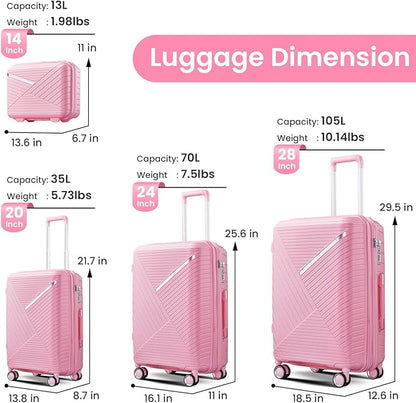 Campfun Luggage 4 Piece Sets, Expandable Carry On Luggage Set Hardshell PP, Suitcase Set with Double Spinner Wheels, Checked Durable Lightweight with TSA Lock, 14in 20in 24in 28in-Pink(B)