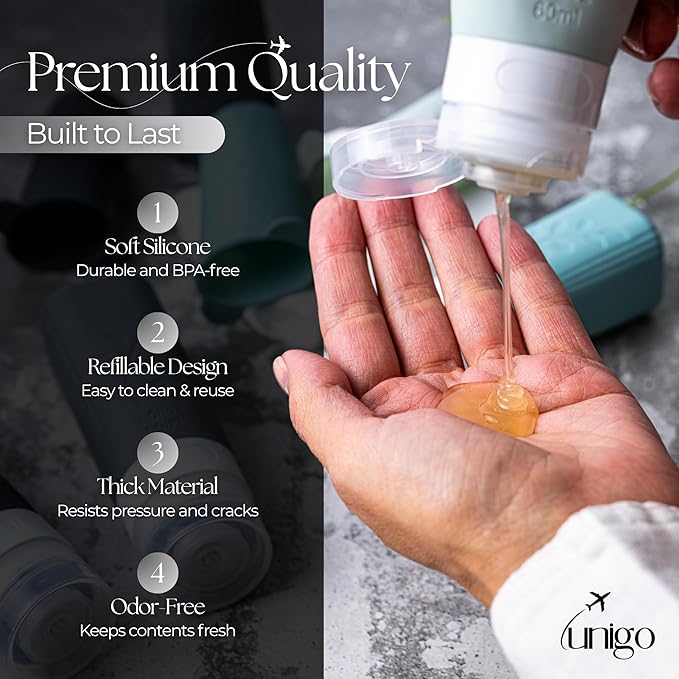 unigo 30pack Full Set TSA Approved Travel Bottles for toiletries, Travel Size Containers for Toiletries, Refillable Leakproof Shampoo and Conditioner Bottles, Toiletry Containers (Gray)