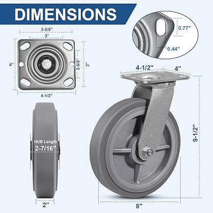 8"x2" Rubber Wheels (Flat Tread)- Heavy Duty Casters, Industrial Caster Wheels- Set of 4 with up to 4800 LB Capacity- Use for Dollies, Workbench(4 Swivel)