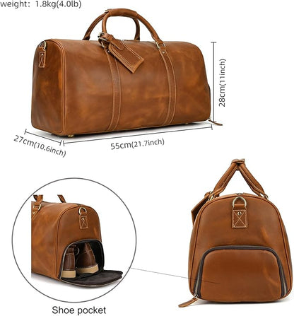 Full-grain Leather Travel Bag Large Capacity Duffel Luggage Bag with Shoe Compartment for Men Shoulder Handbag for Weekend Holiday Business Trip, Light Brown
