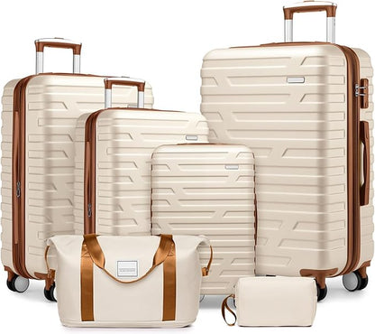 Merax 6 Piece Luggage Set, ABS Hardside Expandable Suitcases with Spinner Wheels TSA Lock, Travel Carry On Suitcase Set, Cream