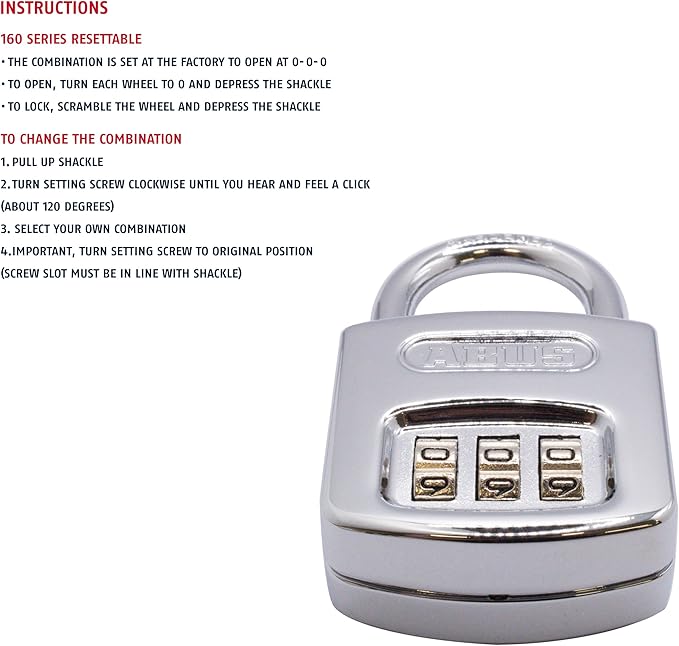 Abus 160/40 C 160 All Weather Resettable Chrome Combination Padlock, 3 Dial