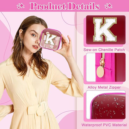 Personalized Initial Letter Clear Preppy Makeup Bag,Mini Nylon Chenille Letter Cosmetic Bag Cute Zipper Pouch Coin Purse for Teen Girls,Portable TSA Approved Travel Essentials Bag Gift for Women,K