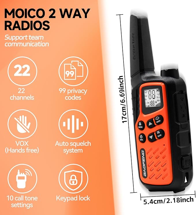 BAOFENG MP25 Walkie Talkies,Family Walkie Talkie Camping Essentials NOAA Weather Scan 155 Privacy Codes 22 FRS Channels 2PC (Orange)
