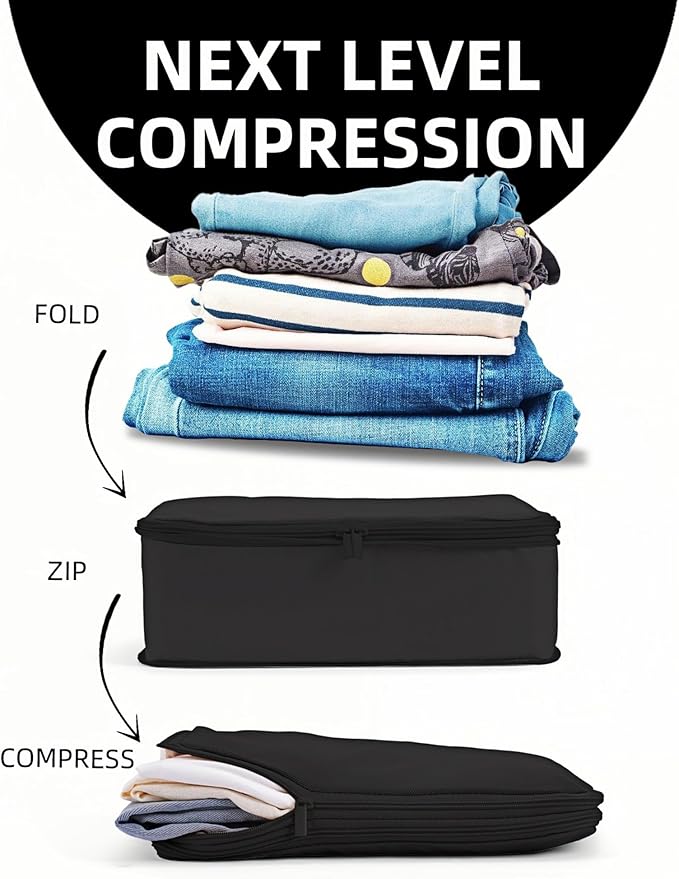 Compression Packing Cubes for Travel, 6-Piece Set (L/M/S), Double-Zip Luggage Organizers with Mesh Panels, Space-Saving Clothes Storage Bags for Suitcase & Carry-On (6 Pack, Jet Black)