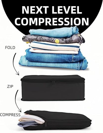 Compression Packing Cubes for Travel, 6-Piece Set (L/M/S), Double-Zip Luggage Organizers with Mesh Panels, Space-Saving Clothes Storage Bags for Suitcase & Carry-On (6 Pack, Jet Black)