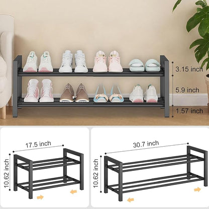 2-Tier Expandable Shoe Rack (17.5"-30.7") – Adjustable Heavy-Duty Metal Shoe Organizer Shelf for Closet, Entryway, Mudroom & Garage – Durable Freestanding Storage, Black