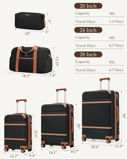 LONG VACATION Luggage Sets 5 Piece, Suitcases With Wheels, PC+ABS Hardshell Luggage Set with Spinner Wheels, TSA Lock (Black Brown)