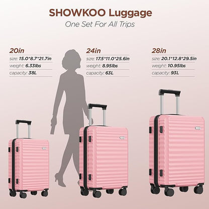 SHOWKOO Luggage Sets 3 Piece Hardside Expandable Suitcase with Double Spinner Wheels Tsa Lock Pink (20in/24in/28in)