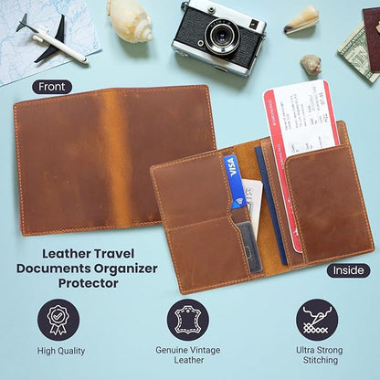 Leather Passport Holder with Travel Wallet, Genuine Leather Passport Cover- Passport Wallet, Leather Folding Wallet for Passports (Straight Cut, Brown)