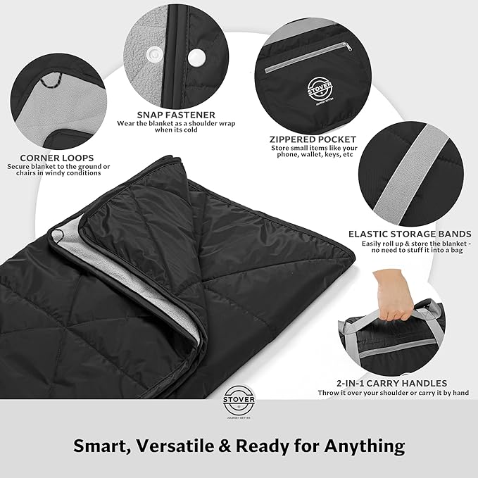 STOVER Large Waterproof Outdoor Stadium Blanket– Extra Thick Soft Fleece Camping Blanket for Travel, Picnics, Sports, Dogs– 79"x55", Warm, Windproof, Sand-Proof, Lightweight, Packable (Onyx Black)