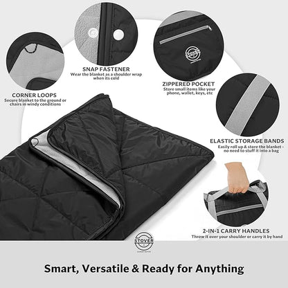 STOVER Large Waterproof Outdoor Stadium Blanket– Extra Thick Soft Fleece Camping Blanket for Travel, Picnics, Sports, Dogs– 79"x55", Warm, Windproof, Sand-Proof, Lightweight, Packable (Onyx Black)
