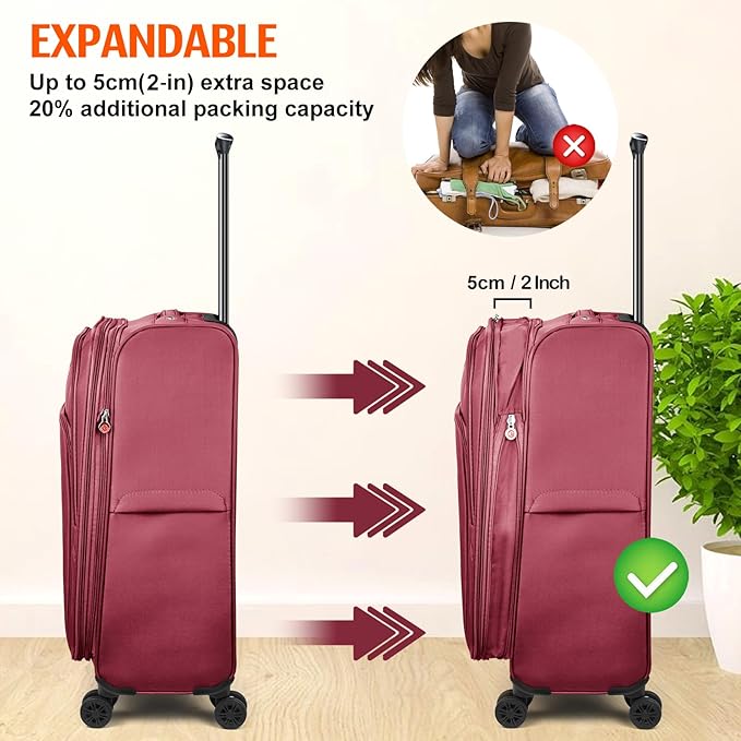 Verdi Luggage Sets of 2 Suitcase with Spinner Wheels Softside Expandable, Carry On Luggage with USB Port (Burgundy, 2-Piece set(20/28))