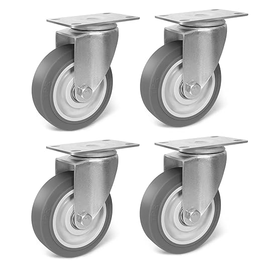 4 Inch Caster Wheels, Rubber Wheels Silent Castor- Set of 4 Heavy Duty Caster Wheels with Brake 1600Lbs, Industrial Plate Casters Wheels for Cart Furniture Workbench (4 Swivel)