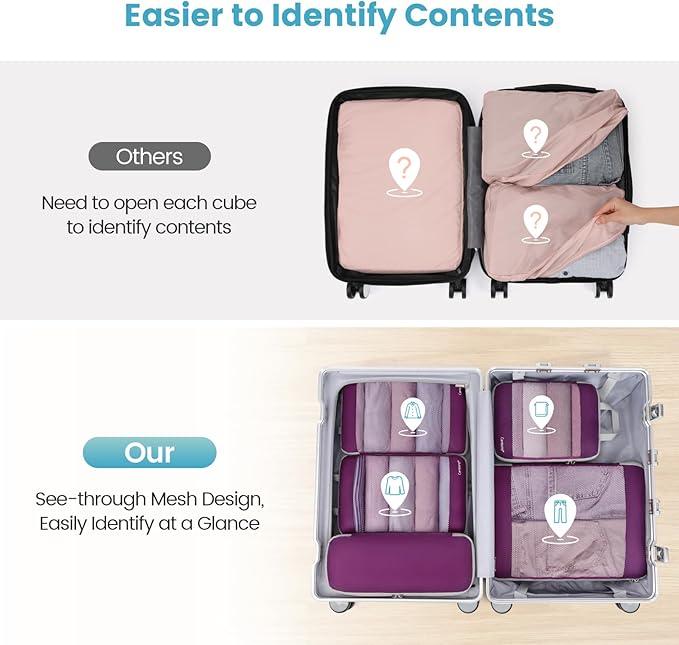 Cambond See Through Mesh Compression Packing Cubes for Suitcases - Packing Cubes for Travel Expandable Travel Essentials Compression Cubes for Carry on Suitcases with Underwear Bag 5 Set, Purple