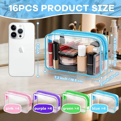16 Packs Clear Makeup Bag Bulk, Waterproof Cosmetic Storage Bags, TSA Approved Toiletry Bags PVC Zipper Plastic Pouches for Organizing Travel Bathroom