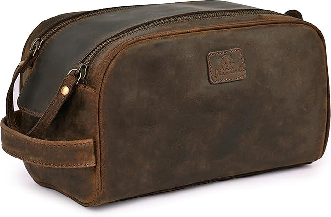 King-Size Premium Leather Toiletry Travel Pouch – Handcrafted Vintage Dopp Kit Bag with Waterproof Lining, Spacious Design for Travel Essentials, Elegant Brown Finish