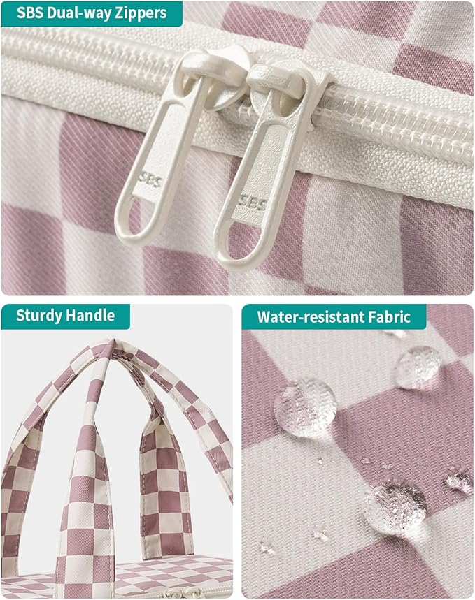 Narwey Large Travel Toiletry Bag, Wide-open Travel Bag for Toiletries, Toiletry Bags for Traveling Women, Cosmetic Make Up Makeup Bag Organizer with Wet Pocket, Skincare Bag (Dusty Pink Checkerboard)