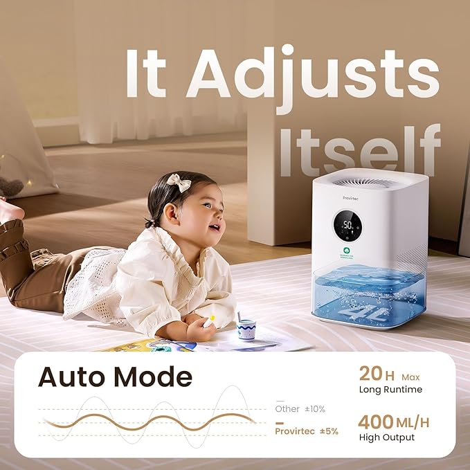 Pro Baby Evaporative Humidifier for Bedroom, MistFree & No White Dust, BPA-Free and 16dB Quiet Sleep for kids, 3 Age-Modes, Auto Control, Tap Water Safe, 4L Easy Clean Tank for Nursery