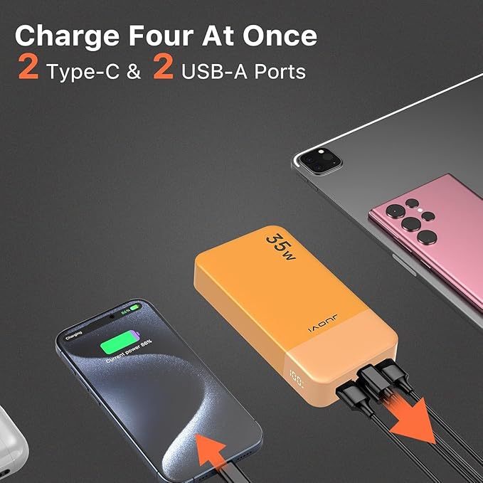 J2651 Portable Charger, 35W 20000mAh USB C in & Out Power Bank, Battery Pack with QC4.0+PD3.0 35W High-Speed Charging for Bluetooth Earbud, Mobile Phone, Tablet (Orange)