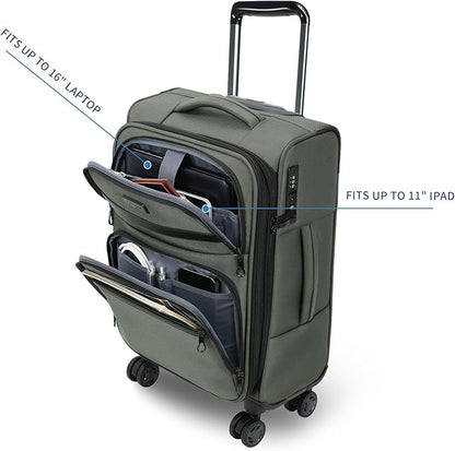 KROSER Softside Expandable Carry On Luggage with Front Business Pockets，20 Inch Suitcases with Spinner Wheels & Built-in TSA Lock, Durable Suitcase Rolling Luggage with USB Port, Army Green